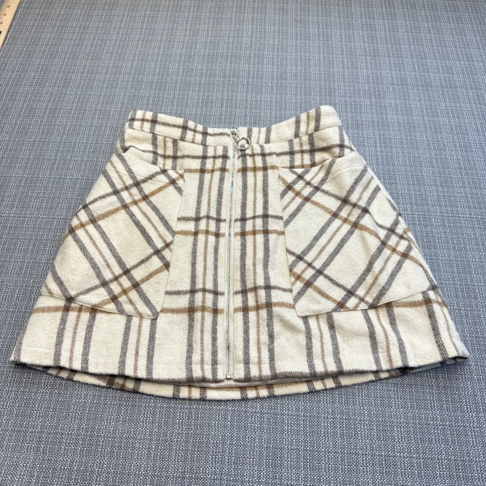 Preppy Mini Skirt size Small Plaid Wool Blend Academia Pockets Front Zip Fall